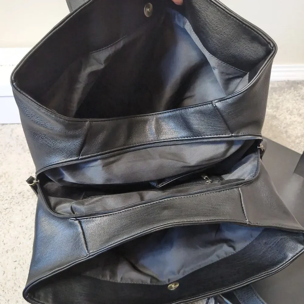 Black Faux Leather Tote Bag Multi Compartment